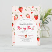 Berry Sweet Strawberry Arch Summer 1st Birthday Einladung (Stehend Vorderseite)