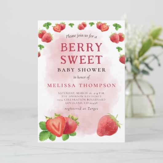 Berry Sweet Strawberry Baby Shower Einladung (Stehend Vorderseite)