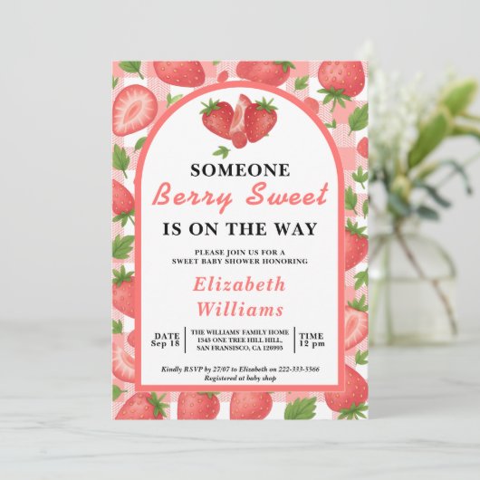 Berry Sweet Strawberry Baby Shower | FOTO Einladung (Stehend Vorderseite)