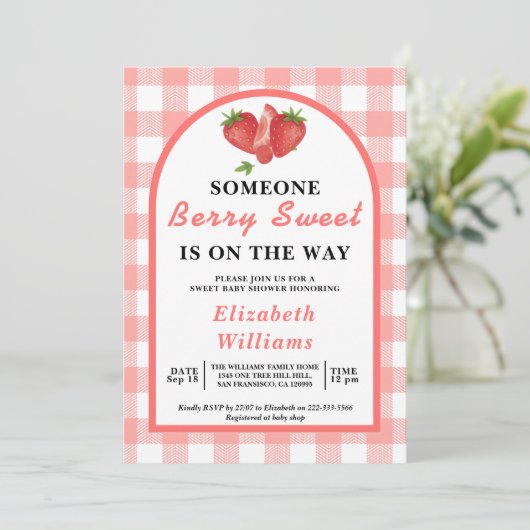 Berry Sweet Strawberry Baby Shower | QR UAWG Einladung (Stehend Vorderseite)
