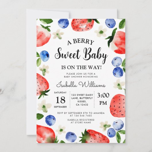 Berry Sweet Strawberry Blueberry Girl Babydusche Einladung (Vorderseite)