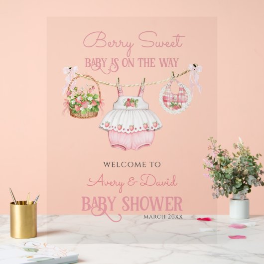 Berry Sweet Strawberry Bow Modern Baby Girl Dusche Acrylschild (Hochzeit)
