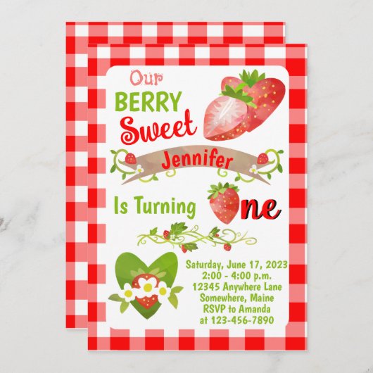 Berry Sweet Strawberry Einladung zum Geburtstag (Vorne/Hinten)