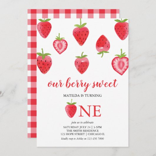 Berry Sweet Strawberry Erster Geburtstag Einladung (Vorne/Hinten)