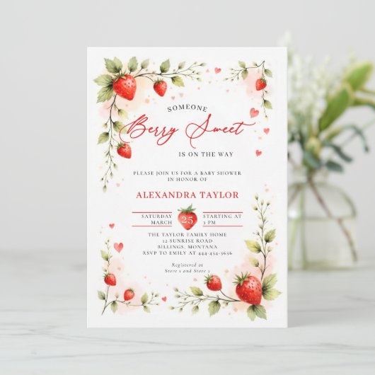 Berry Sweet Strawberry Garden Summer Baby Shower Einladung (Stehend Vorderseite)