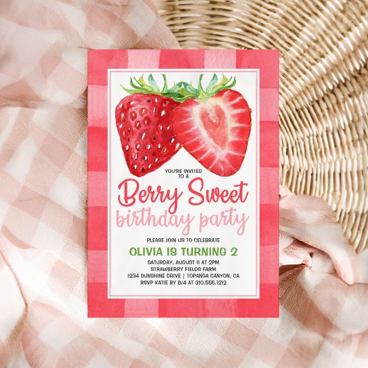 Berry Sweet Strawberry Gingham Girls Birthday Einladung
