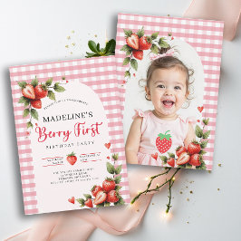 Berry Sweet Strawberry Gingham Photo 1st Birthday Einladung