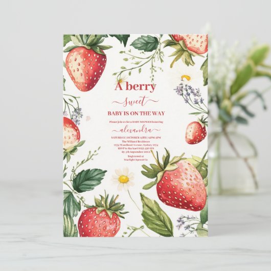 Berry Sweet Strawberry Girl Babydusche Einladung (Stehend Vorderseite)