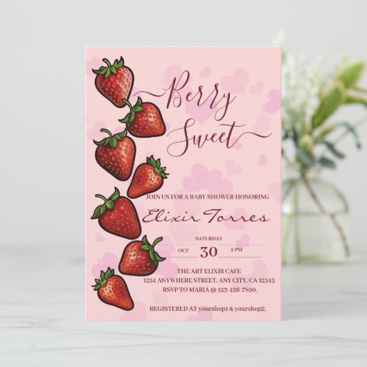 Berry Sweet Strawberry Hearts Baby Shower Einladung (Stehend Vorderseite)