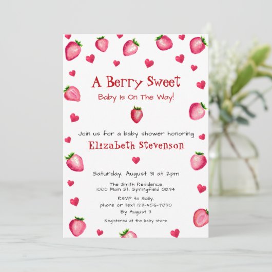 Berry Sweet Strawberry Hearts Unisex Baby Shower Einladung (Stehend Vorderseite)