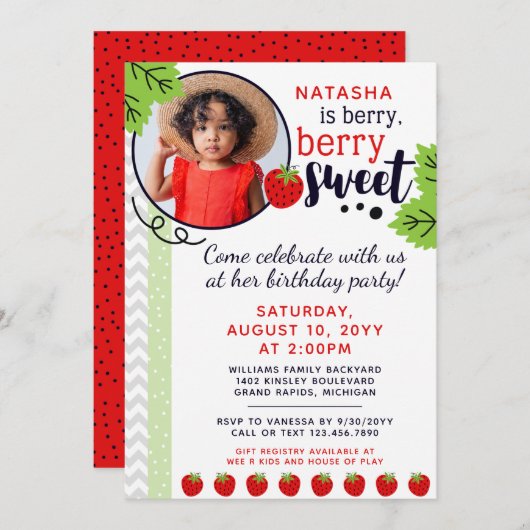 Berry Sweet Strawberry Kids' Geburtstagsparty Einladung (Vorne/Hinten)