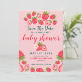 Berry Sweet Strawberry Niedlich Pink Baby Dusche Save The Date (Stehend Vorderseite)