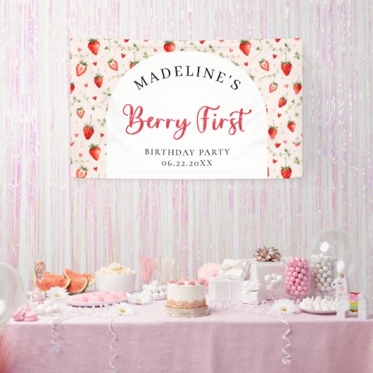 Berry Sweet Strawberry Patch Cottage 1st Birthday Banner (Party)