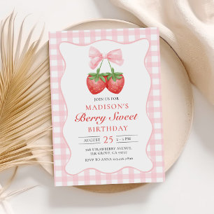 Berry Sweet Strawberry Pink Bow Birthday Einladung