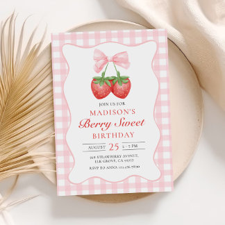 Berry Sweet Strawberry Pink Bow Birthday Einladung