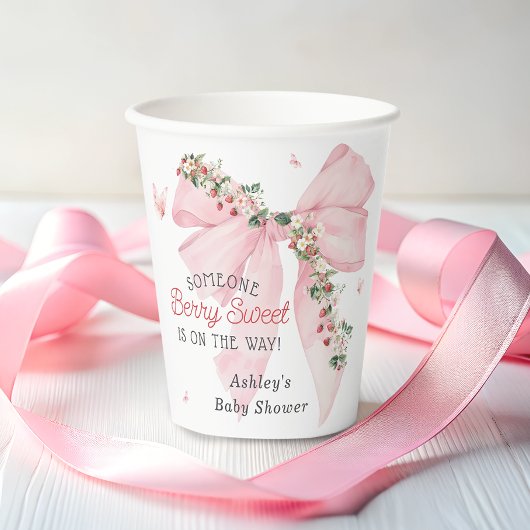 Berry Sweet Strawberry Pink Bow Floral Baby Dusche Pappbecher