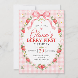 Berry Sweet Strawberry Pink Gingham Geburtstag Einladung