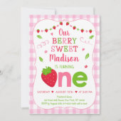 Berry Sweet Strawberry Pink Green Erster Geburtsta Einladung (Vorderseite)