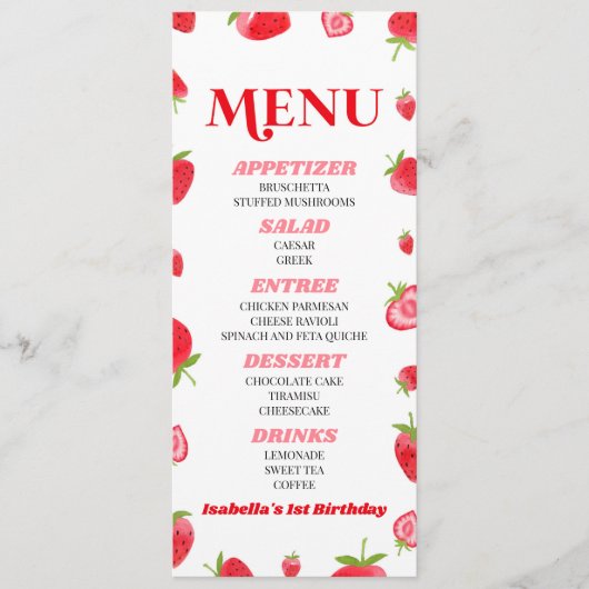 Berry Sweet Strawberry Pink Red Birthday Party Menükarte (Vorderseite)