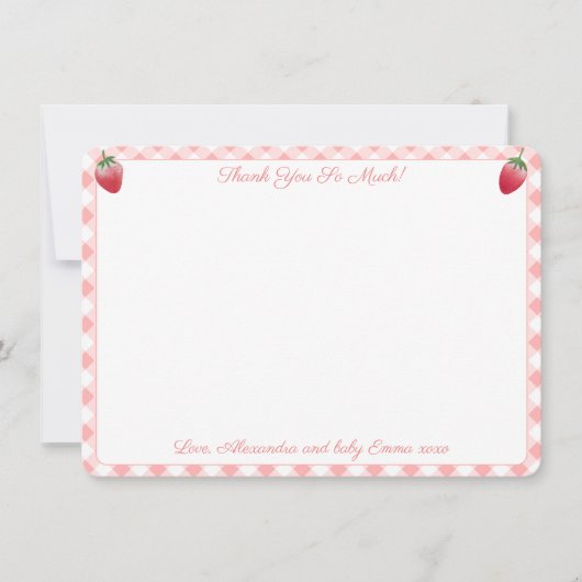 Berry Sweet Strawberry Pink Vichy Baby Dusche Dankeskarte (Vorderseite)