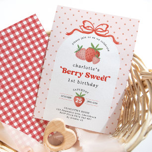 Berry Sweet Strawberry Red Bow Erster Geburtstag Einladung