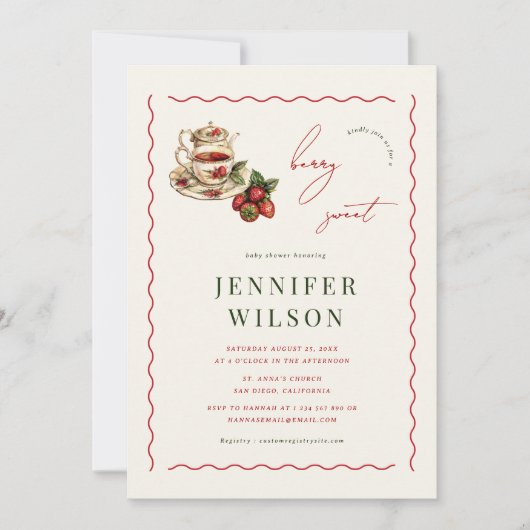 Berry Sweet Tea Party Strawberry Babydusche Einladung (Vorderseite)