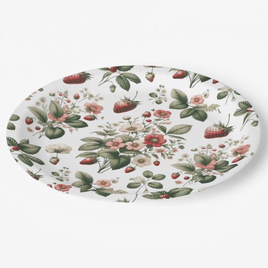 Berry Sweet überall über Erdbeeren und Blumenmuste Pappteller (Schrägansicht)