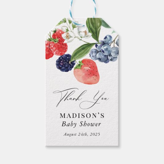 Berry Sweet Watercolor Red Blue Baby Dusche Geschenkanhänger (Vorderseite)
