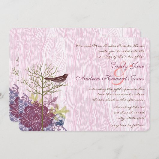 Berry Vintag Bird Leaf WoodGrain Wedding Einladung (Vorne/Hinten)
