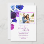 Berry Violet, Royal Blue, Pink Roses Wedding Einladung (Vorderseite)