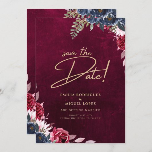 Berry Wine Floral Wedding Einladung (Vorne/Hinten)