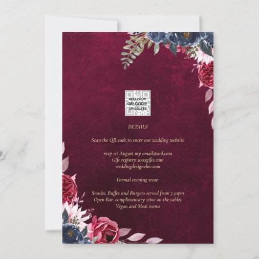 Berry Wine Floral Wedding Einladung (Rückseite)