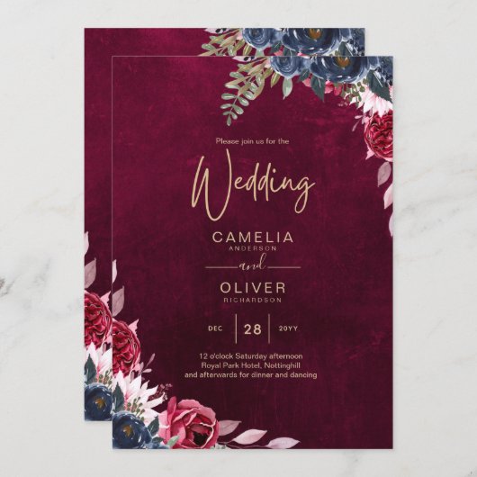 Berry Wine Floral Wedding Einladung (Vorne/Hinten)