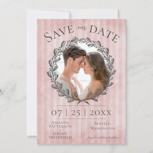 Berry Wreath and Stripes Foto | Rosa Save The Date (Vorderseite)