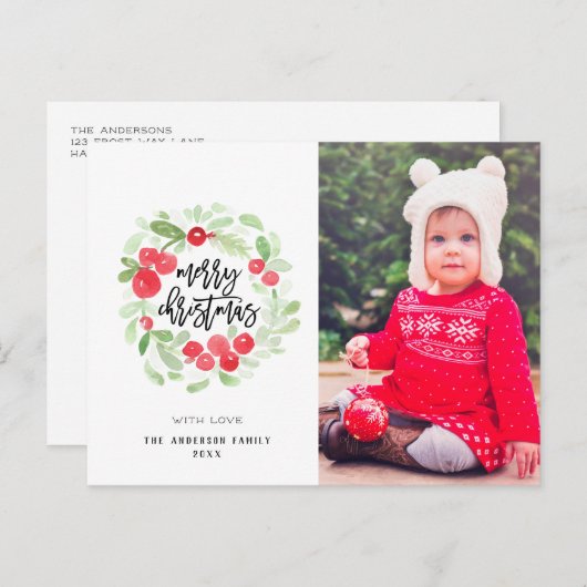 Berry Wreath Frohe Weihnachten Wasserfarbe Foto Postkarte (Vorne/Hinten)