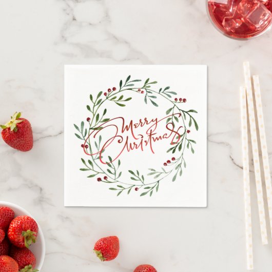 Berry Wreath Gradient Red Script Frohe Weihnachten Serviette (Beispiel)