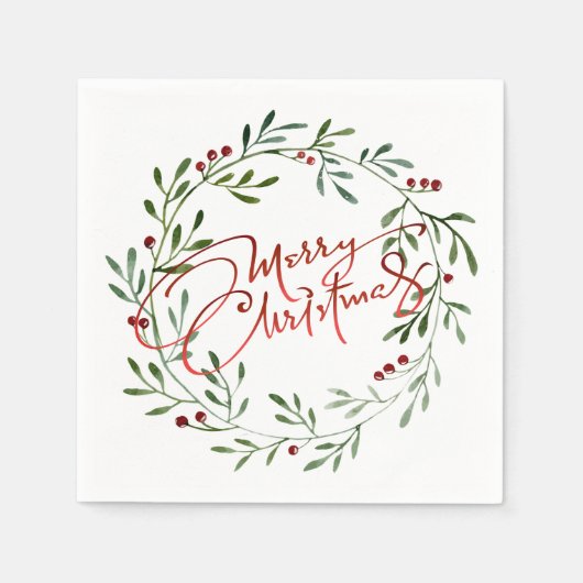 Berry Wreath Gradient Red Script Frohe Weihnachten Serviette (Vorderseite)
