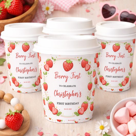 Berrys erster Geburtstag | Erdbeeren 1. Geburtstag Pappbecher