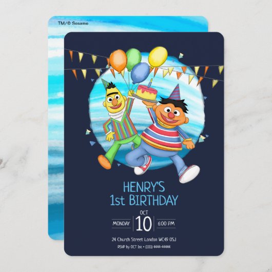 Bert und Ernie Birthday Balloons Einladung (Vorne/Hinten)