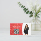 Beruflich Coral Imitats Glitzer Custom Foto QR Visitenkarte (Stehend Vorderseite)