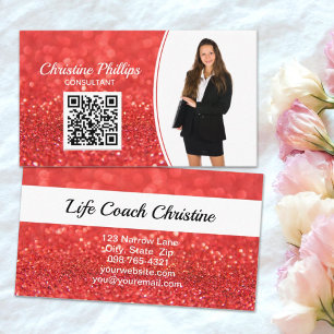 Beruflich Coral Imitats Glitzer Custom Foto QR Visitenkarte