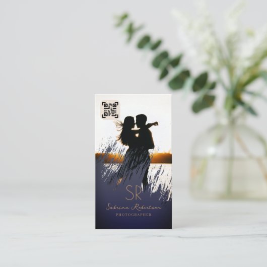 Beruflich Fotograf Navy Blue und Gold QR Visitenkarte (Stehend Vorderseite)