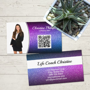 Beruflich Lila Ombre Glitzer Custom Foto QR Visitenkarte