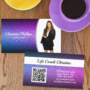Beruflich Lila Ombre Glitzer Custom Foto QR Visitenkarte
