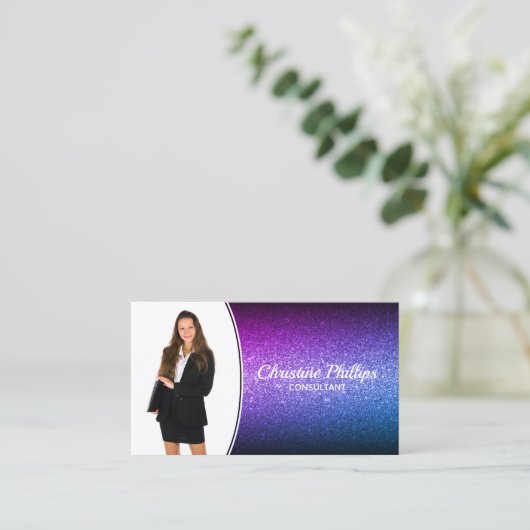 Beruflich Lila Ombre Glitzer Custom Foto QR Visitenkarte (Stehend Vorderseite)