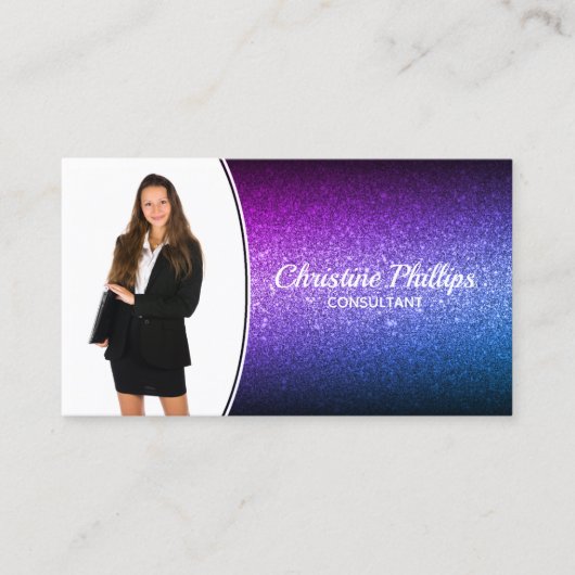 Beruflich Lila Ombre Glitzer Custom Foto QR Visitenkarte (Vorderseite)