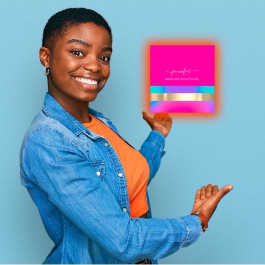 Beruflich Makeup Artist Holographic Blue Pink Quadratische Visitenkarte