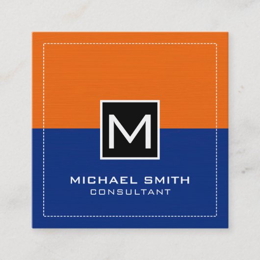 Beruflich Monogram Modern Dark Blue Orange Quadratische Visitenkarte (Vorderseite)