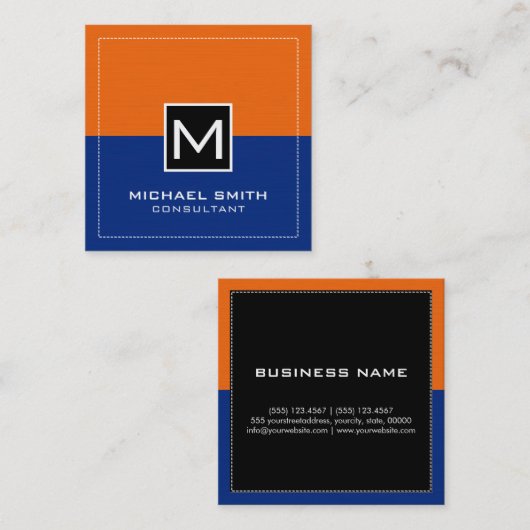 Beruflich Monogram Modern Dark Blue Orange Quadratische Visitenkarte (Vorne/Hinten)