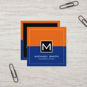 Beruflich Monogram Modern Dark Blue Orange Quadratische Visitenkarte